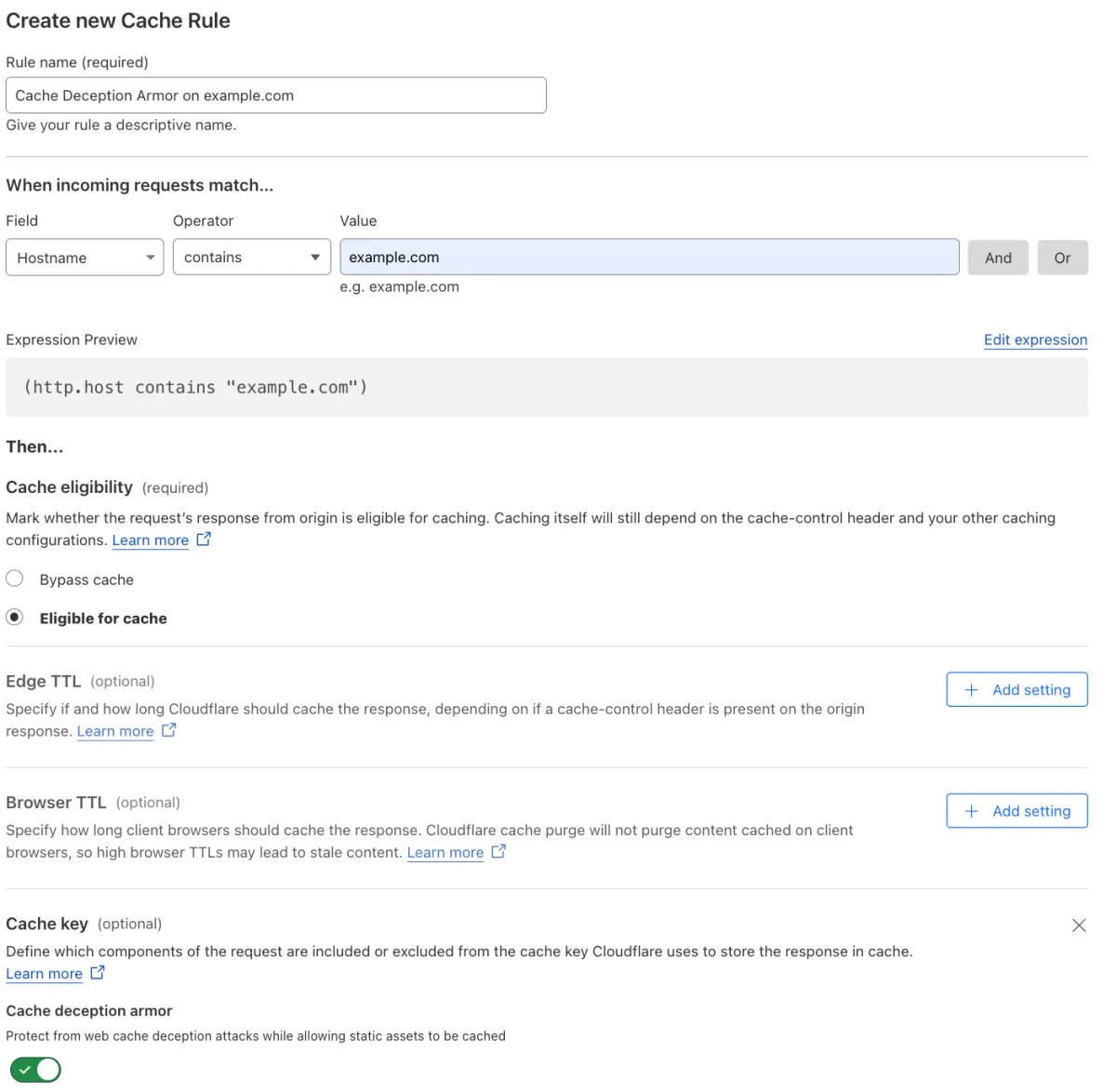 Cache rule matching the 'Cache Deception Armor' setting of the example Page Rule