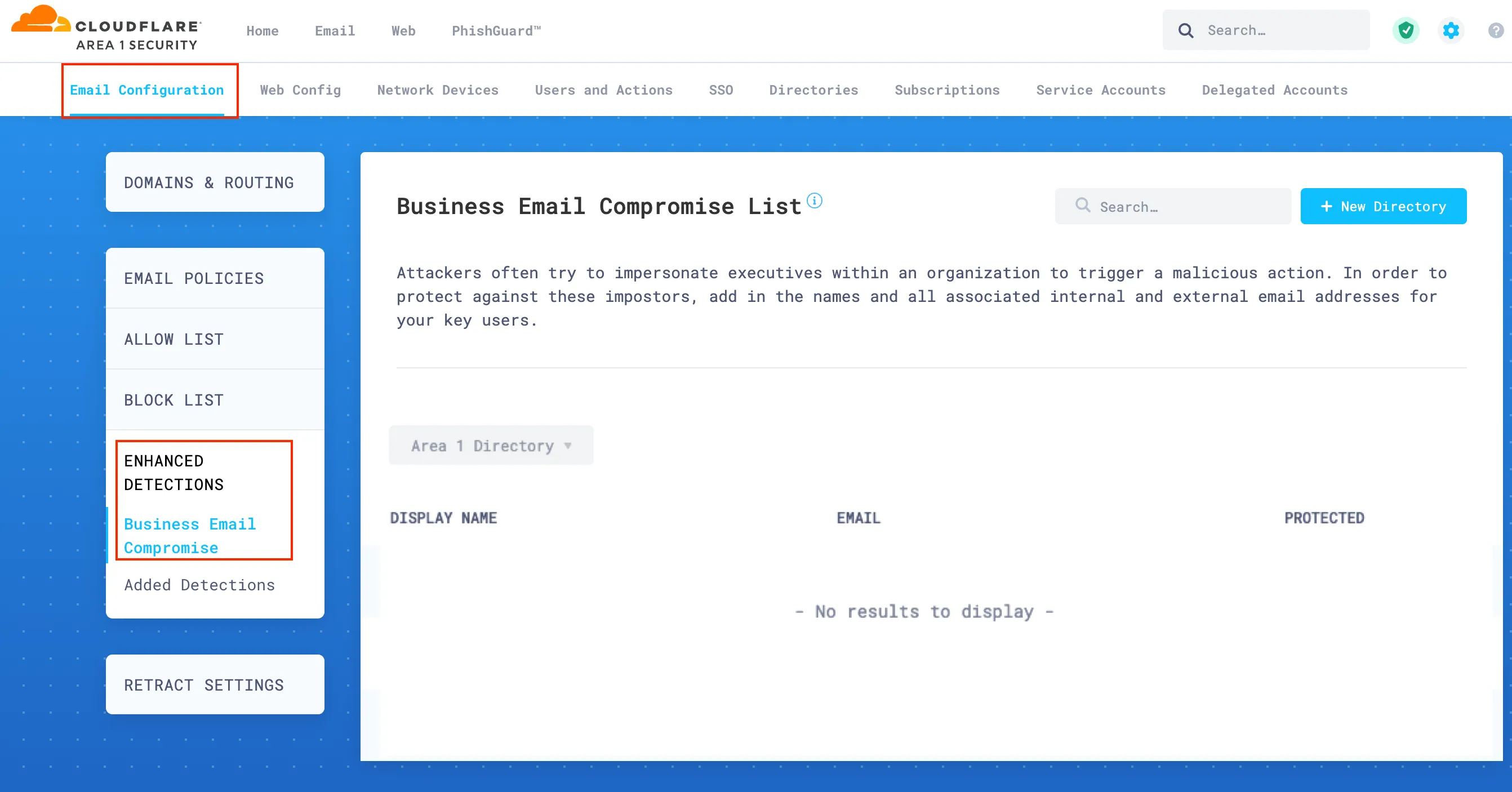 Access Business Email Compromise in Email Security (formerly Area 1) dashboard to start setting up this feature